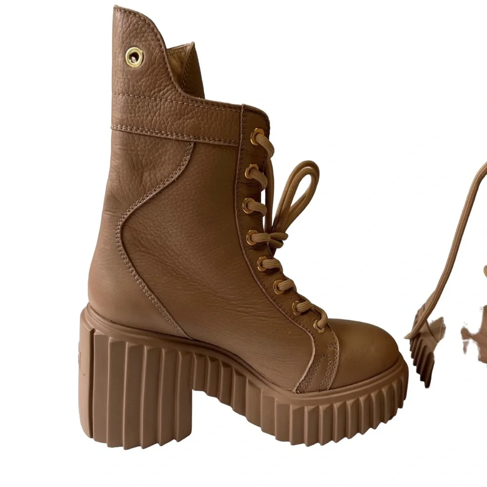 AGL Tania Leather Platform Combat Boots Camel Brown Lace Up Made Italy 7.5